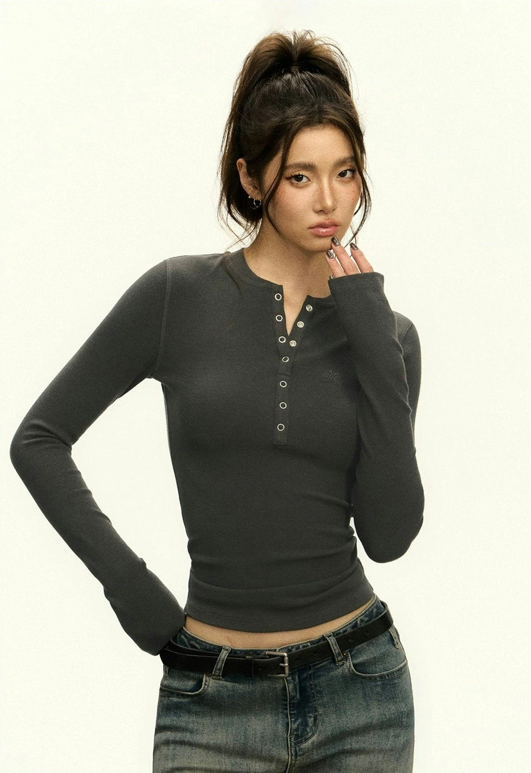 Ribbed Long Sleeve O-Neck Henley Top 17 Ribbed Long Sleeve O-Neck Henley Top - Image 17