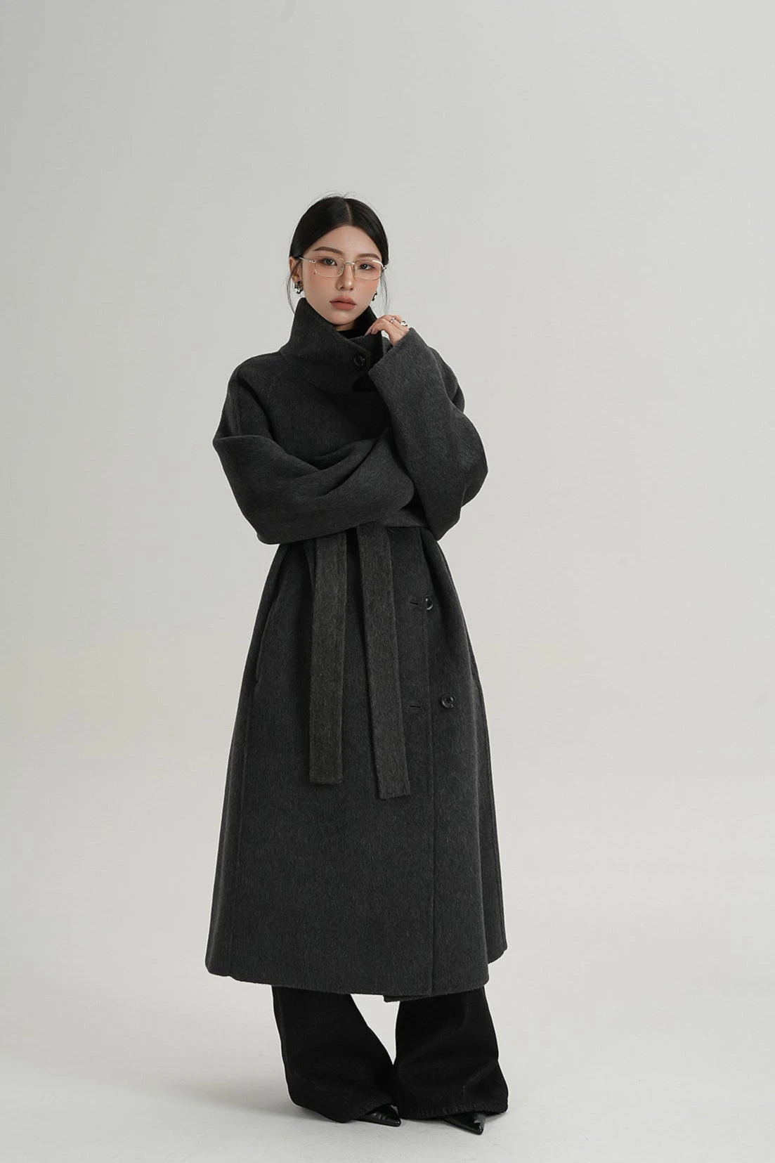 Asymmetric Button Belted Long Coat 6 Asymmetric Button Belted Long Coat - Image 6