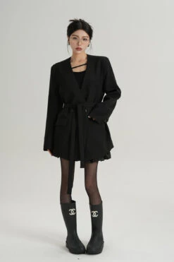 Oversized Boxy Double-Breasted Blazer With Skinny Neck Tie -Modern Wear Shop 2fa0dae5a10c067926306066c19635b3