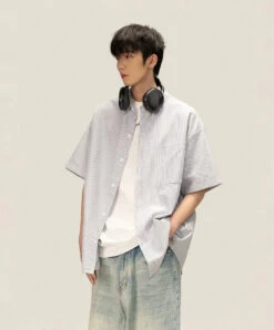 Pinstripe Short Sleeve Button-Up Shirt With Chest Pocket -Modern Wear Shop 2fc557d9bb58d7f4993ae039ce09b784