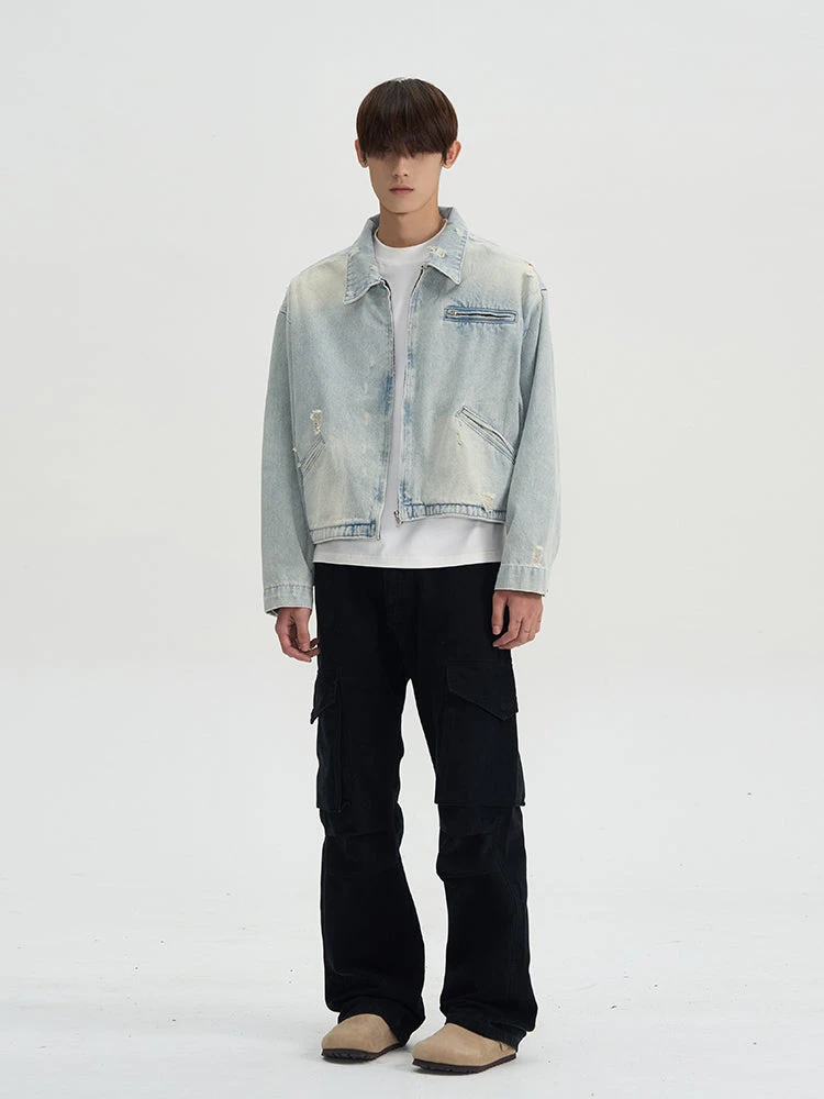 Distressed Mid-Crop Faded Denim Zip-Up Jacket 5 Distressed Mid-Crop Faded Denim Zip-Up Jacket - Image 5