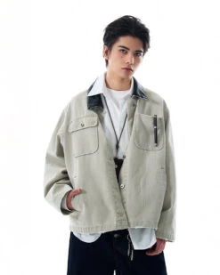 Faux Leather Collar Distressed Denim Worker Jacket -Modern Wear Shop 2febb1dd5ba698322de9ad92cde8ef07