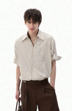 Stripe Overlap Short Sleeve Button-Up Shirt With Chest Pocket