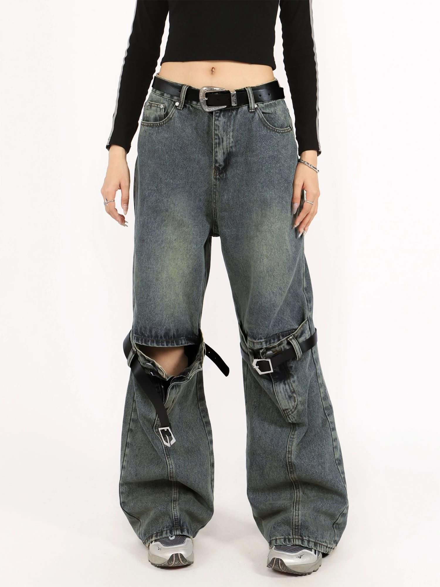 Button Belted Knee-Cutout Straight Faded Jeans 1 Button Belted Knee-Cutout Straight Faded Jeans