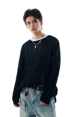 Ribbed Trim Sheer Textured Long Sleeve Knit Top -Modern Wear Shop 30491d47c928a7d10247479e3cde85b5