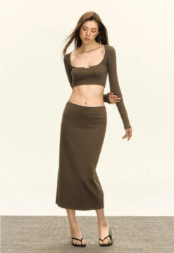 Skinny Bow-Detail Long Sleeve Crop Top And Maxi Skirt Two Piece Set -Modern Wear Shop 310c191e1aa52d3acfec214bdffff5c0