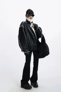 Oversized Faux Leather Jacket With Sherpa Lining And Trim -Modern Wear Shop 3116f952b80a49f726db0126ff7dd9ee