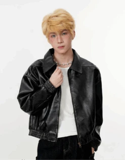 Mid Crop Faux Leather Zip Jacket With Elastic Hem And Cuffs -Modern Wear Shop 31304558893fc8710066f202afefbdee