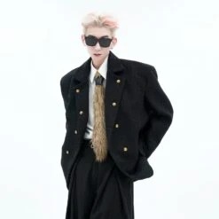 Boxy Double-Breasted Glossy Peacoat With Gold Buttons