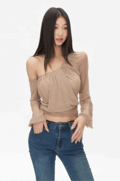 One Shoulder Ruched Mesh Long Sleeve Top -Modern Wear Shop 31410c7f28342ac03541efd7a2483e10