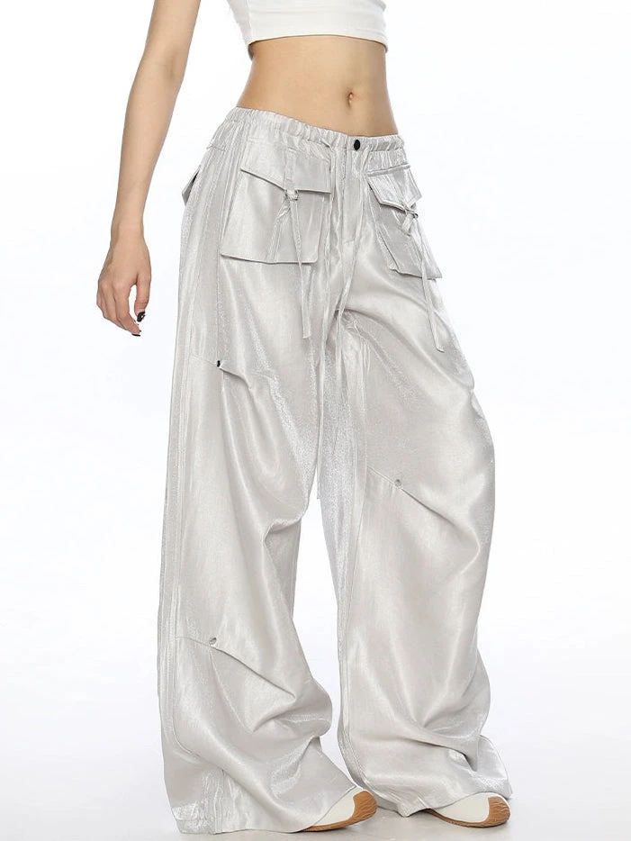 Wide Leg Shimmer Pants With Utility Pockets 3 Wide Leg Shimmer Pants With Utility Pockets - Image 3
