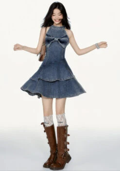 Halterneck Tiered Ruffle Denim Mini Dress With Bow Detail -Modern Wear Shop 315e204f4b98b759b2e6d05c57e2387a