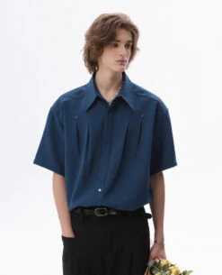 Structured Short-Sleeve Shirt With Pleated Front And Concealed Placket -Modern Wear Shop 31cb0e4e2aef79051476cd6738445ba1