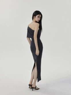 One-Shoulder Ruched Layered Midi Dress -Modern Wear Shop 31dfb2332fefc71bdb64a363e779941d