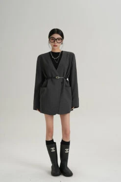 Oversized Lapelless Single-Button Blazer With Belt -Modern Wear Shop 32021598631eb12466e702963cdc710e