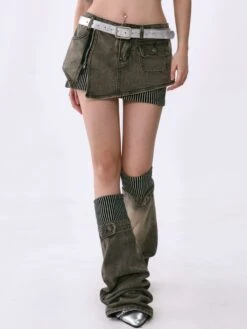 Frayed Hem Denim Sandblast Mini Skirt And Jean Leg Warmers Two-Piece Set