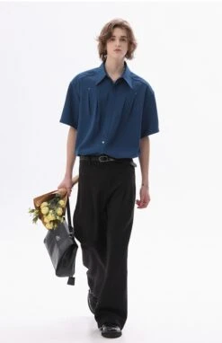Structured Short-Sleeve Shirt With Pleated Front And Concealed Placket -Modern Wear Shop 325a72d4e1b9cd57785895233b70955b
