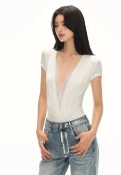 Deep V-Neck Lace Trim Draped Bodysuit Top