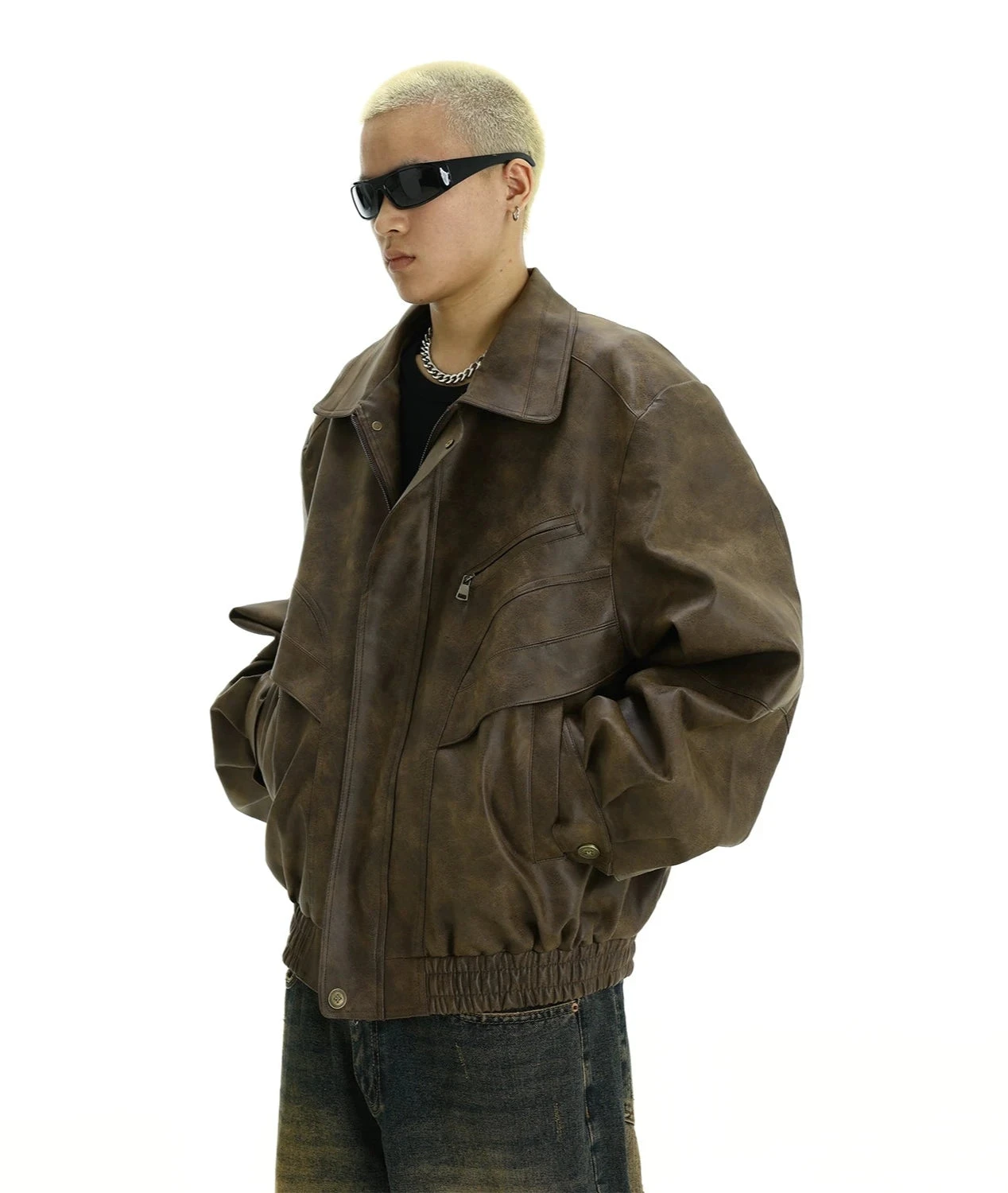 Oversized Faux Leather Panelled Collared Bomber Jacket 3 Oversized Faux Leather Panelled Collared Bomber Jacket - Image 3