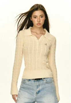 Half-Button Cable Knit Collared Pullover -Modern Wear Shop 32cefad713ee56b06de44c25d9ac40e1
