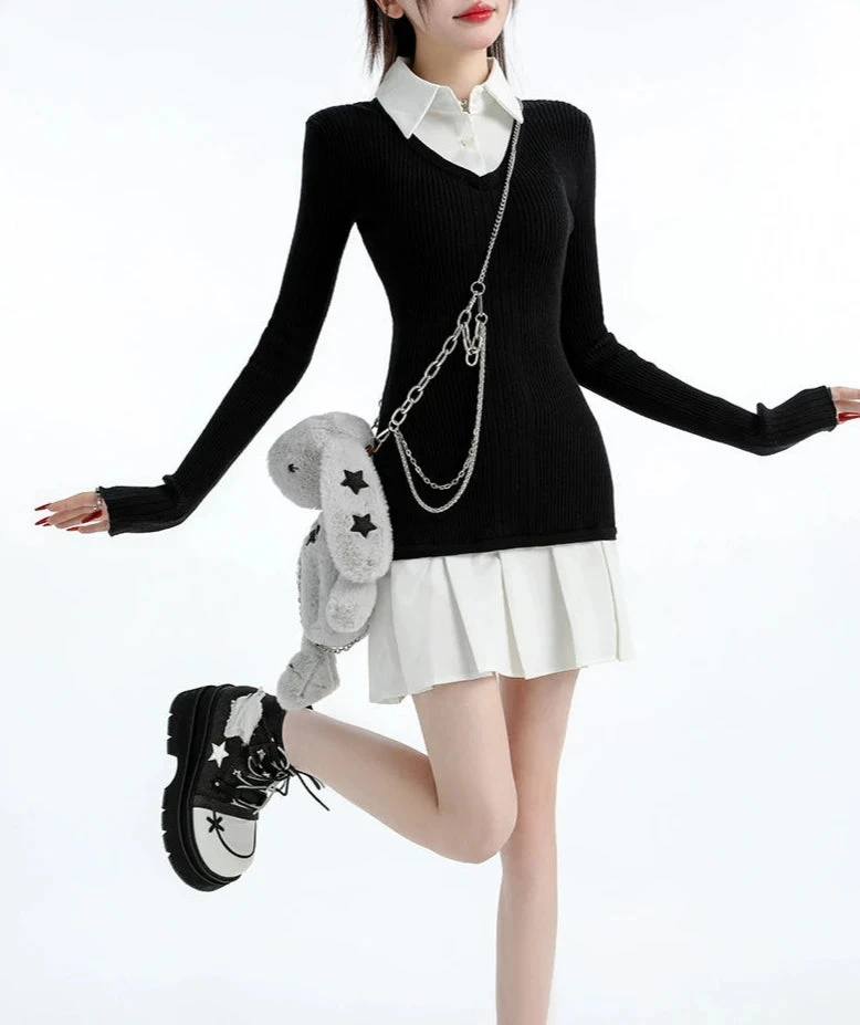 Mock Layered Pleated Hem Long Sleeve Dress 4 Mock Layered Pleated Hem Long Sleeve Dress - Image 4
