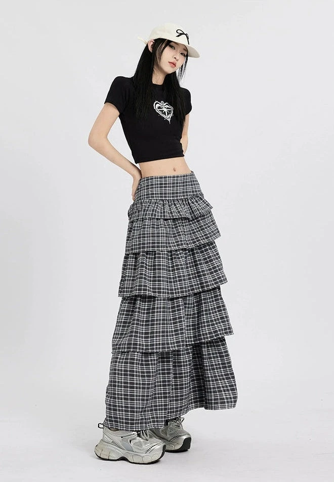 Layered Plaid Maxi Skirt With Ruffle Detail 6 Layered Plaid Maxi Skirt With Ruffle Detail - Image 6