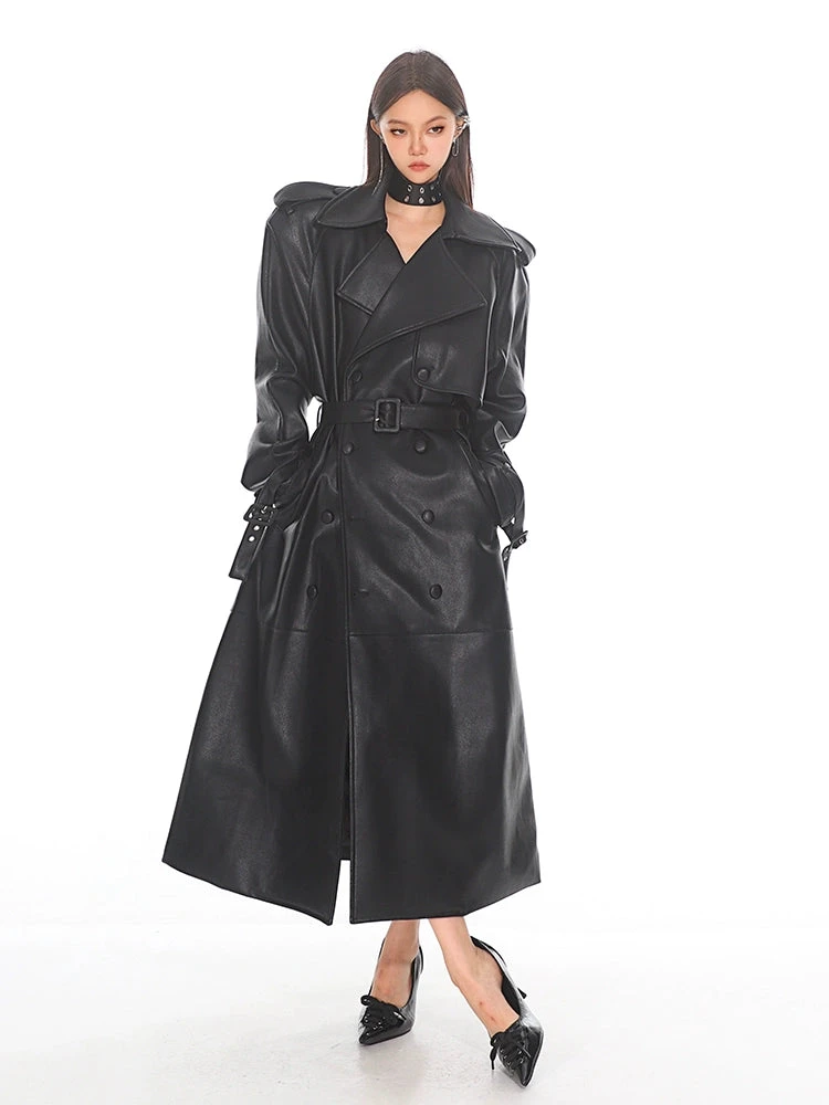 Oversized Belted Faux Leather Coat With Wide Lapels 4 Oversized Belted Faux Leather Coat With Wide Lapels - Image 4