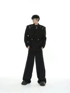 Oversized Double-Breasted Blazer With Peak Lapels And Silver Accents -Modern Wear Shop 3331f9cc7320850e72dfa2dfe03d8836