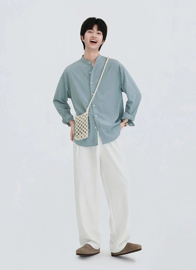 Oversized Long Sleeve Band Collar Button-Up Shirt 5 Oversized Long Sleeve Band Collar Button-Up Shirt - Image 5