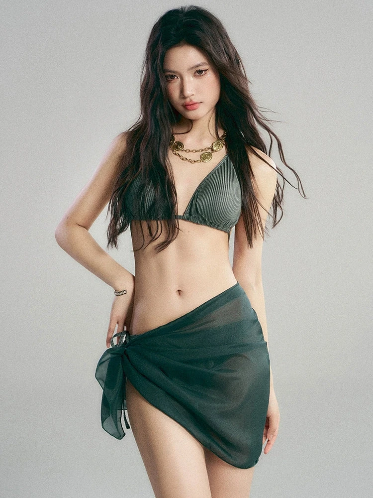 Ribbed Triangle Bikini Set With Sheer Sarong Wrap 4 Ribbed Triangle Bikini Set With Sheer Sarong Wrap - Image 4