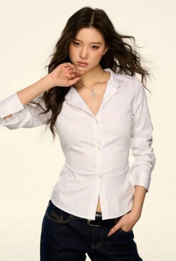 Button-Up Long Sleeve Shirt With Tapered Waist -Modern Wear Shop 33b5464697743a95d3ed0c8f6acb4030