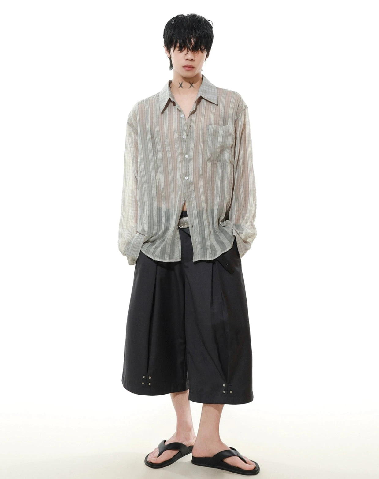 Sheer Striped Button-Up Long Sleeve Shirt With Chest Pocket 4 Sheer Striped Button-Up Long Sleeve Shirt With Chest Pocket - Image 4