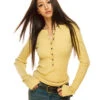 Ribbed Henley Long Sleeve Knit Top With Button Detail
