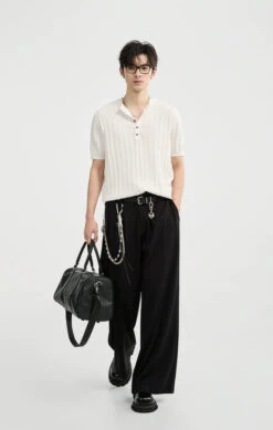 Textured Knit Ribbed Trim Half Button Short Sleeve Shirt -Modern Wear Shop 3440f83fc10ee0593618c27328c0dbd8