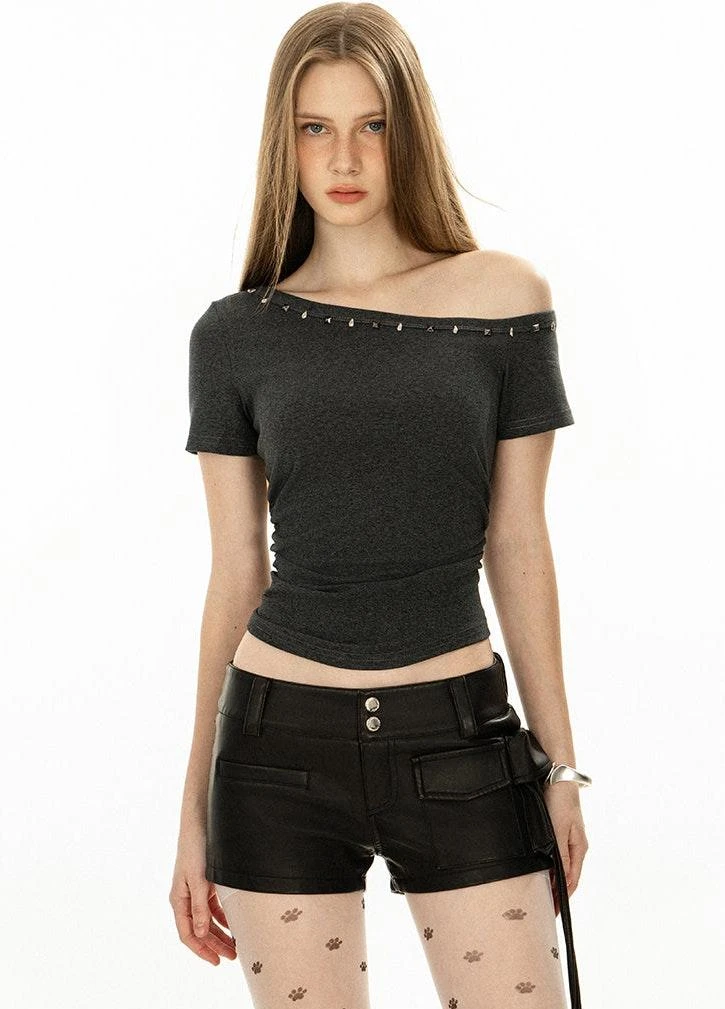 Asymmetric Studded Neckline Crop Top 2 Asymmetric Studded Neckline Crop Top - Image 2