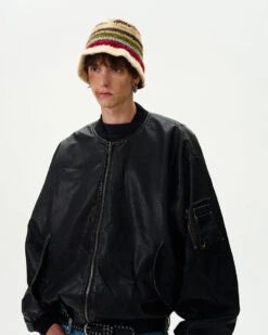 Oversized Distressed Faux Leather Bomber Jacket With Sleeve Pocket 22 Oversized Distressed Faux Leather Bomber Jacket With Sleeve Pocket -Modern Wear Shop 3468509b5020df2d66f74c4205ca0852