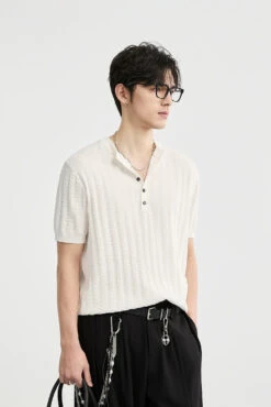 Textured Knit Ribbed Trim Half Button Short Sleeve Shirt