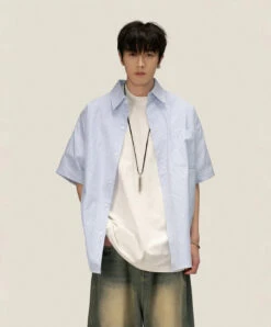 Pinstripe Short Sleeve Button-Up Shirt With Chest Pocket