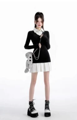 Mock Layered Pleated Hem Long Sleeve Dress 23 Mock Layered Pleated Hem Long Sleeve Dress -Modern Wear Shop 34937b7bd43edb64d707fc06d8a04510