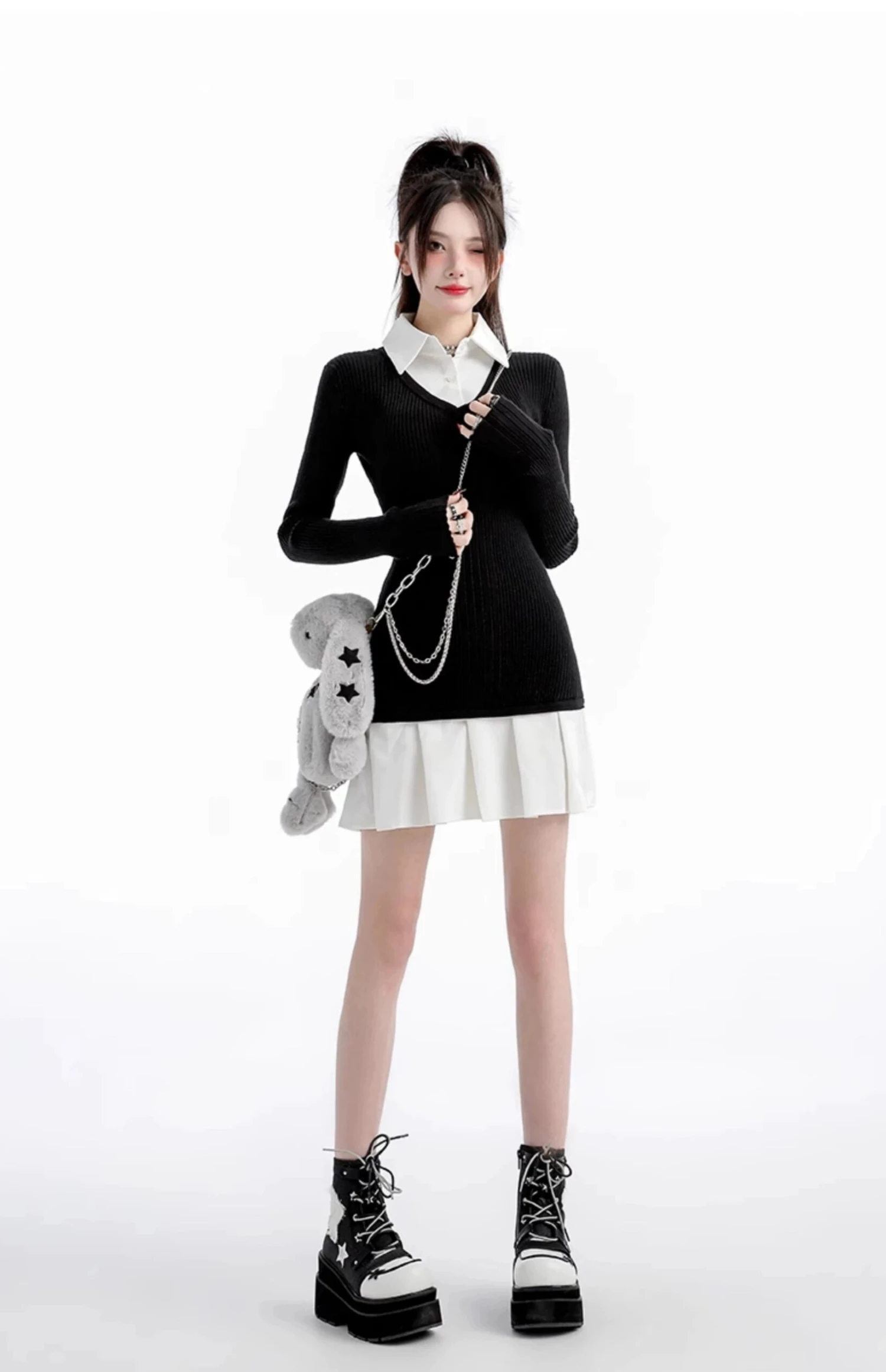 Mock Layered Pleated Hem Long Sleeve Dress 8 Mock Layered Pleated Hem Long Sleeve Dress - Image 8