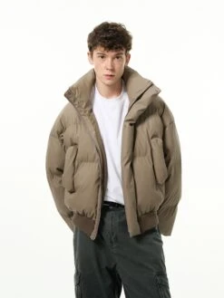 Puffer Jacket With Ribbed Hem And Stand Collar