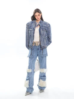 Distressed Trim Stripe-Washed Boxy Denim Jacket -Modern Wear Shop 34bcdf65405b1561ae3f1415a3544adf