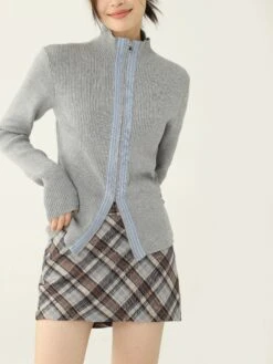 Stripe Trim Mock Neck Zip Cardigan -Modern Wear Shop 34cfcf213e6d0e761b7d8bf2b13cc917