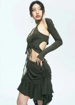 Tie-Up Crop Top And Ruffled Skirt Three-Piece Set -Modern Wear Shop 34fd3e132e10e6579cd677af6b44263c