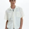Textured Open-Knit Short Sleeve Button-Up Shirt With Patch Pockets