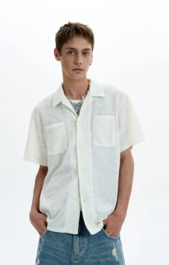 Textured Open-Knit Short Sleeve Button-Up Shirt With Patch Pockets
