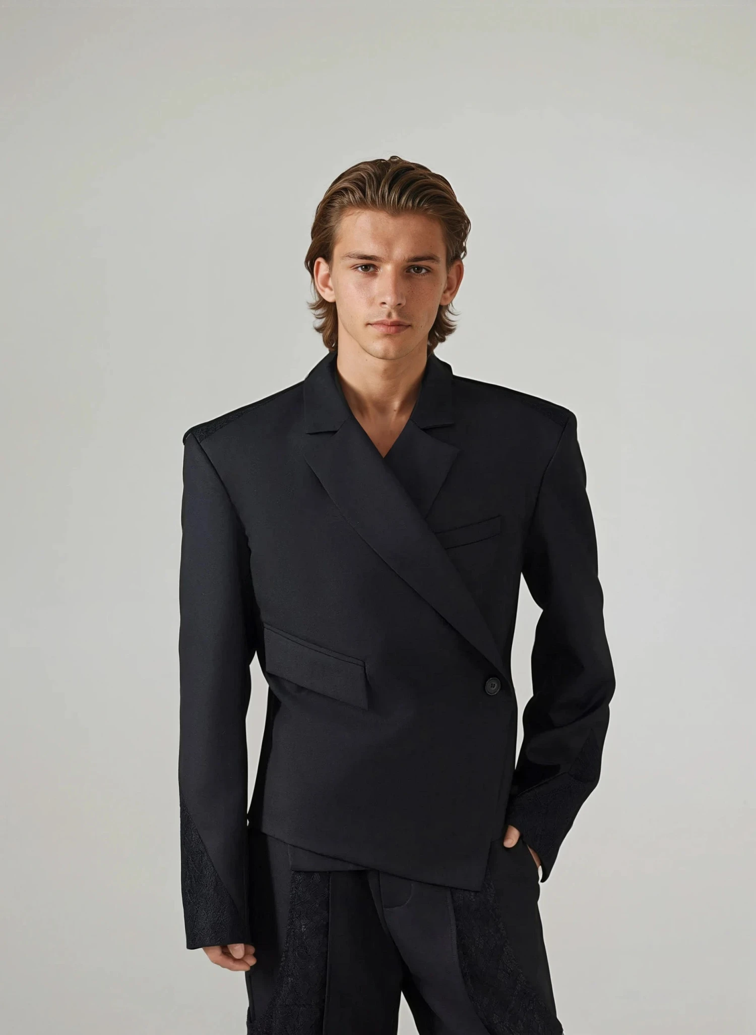 Asymmetric Overlap Button Lace Patchwork Blazer 1 Asymmetric Overlap Button Lace Patchwork Blazer