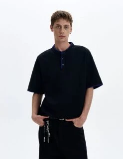 Contrast Stitch Trim Henley Neck Short Sleeve Top -Modern Wear Shop 35b33b94a493ece87066853ba46269a9