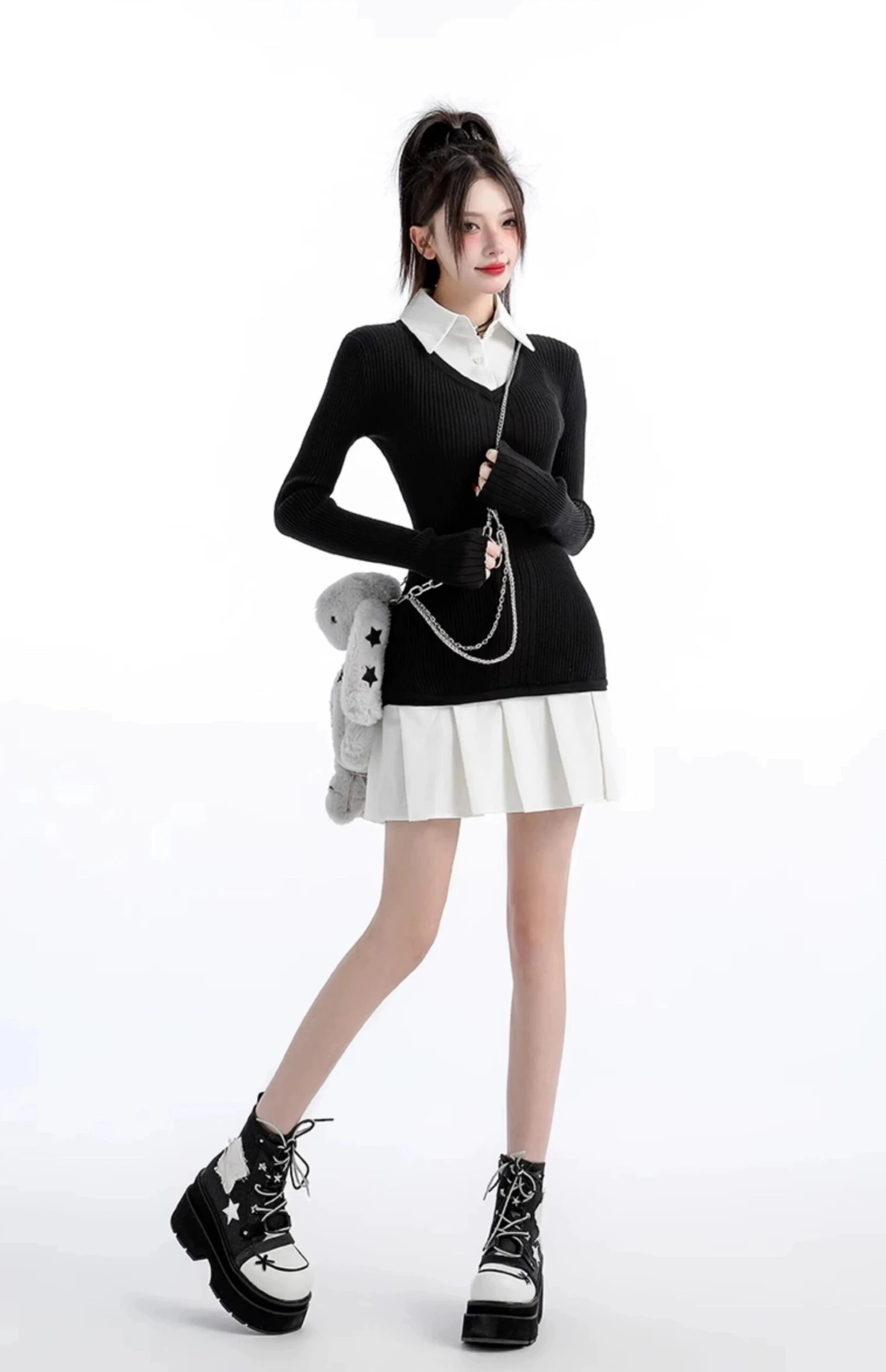 Mock Layered Pleated Hem Long Sleeve Dress 11 Mock Layered Pleated Hem Long Sleeve Dress - Image 11