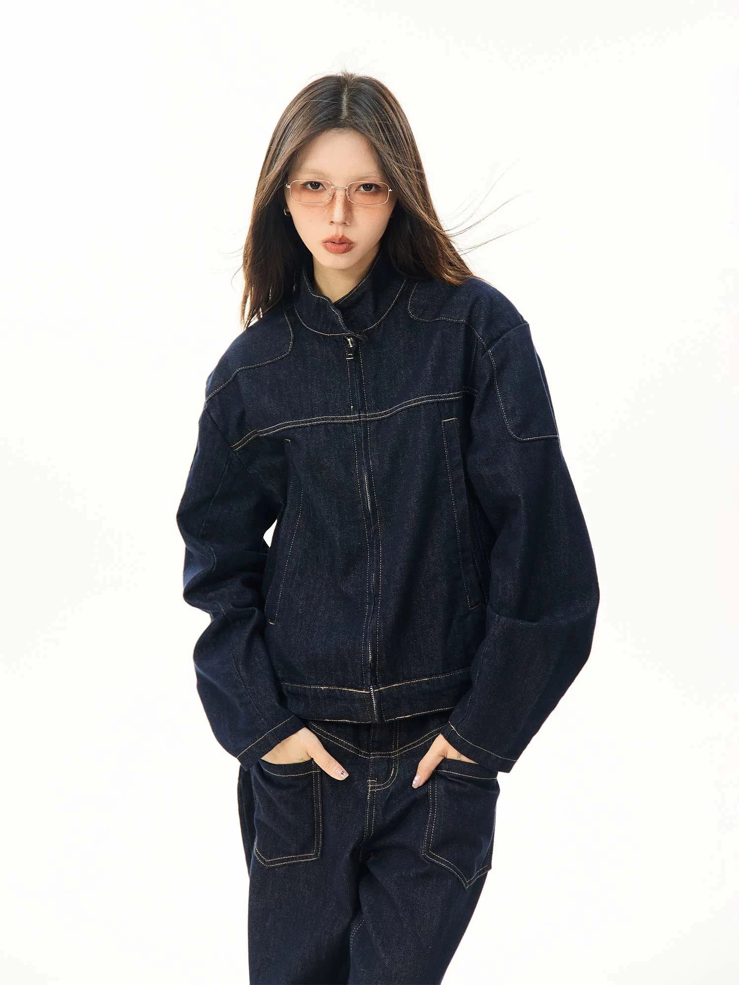Oversized Contrast Stitch Denim Zip Jacket 1 Oversized Contrast Stitch Denim Zip Jacket